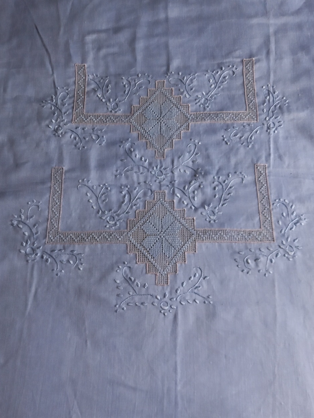 Hand Crafted Embroidered and Crocheted Linen Tablecloth
